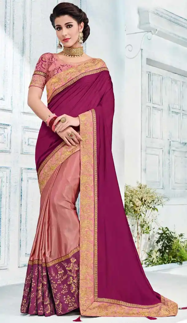 Purple & Peach Silk Embroidered Traditional Saree Status