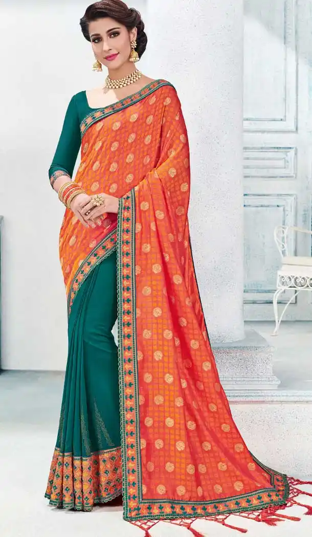 Orange and Turquoise Silk Embroidered Traditional Saree And Makeup