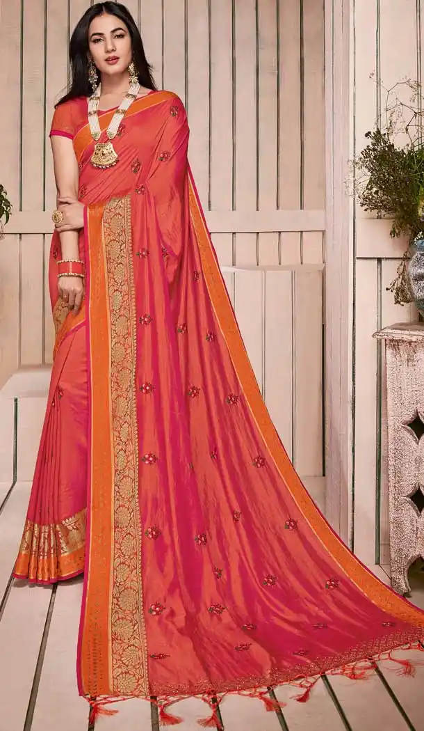 Two Tone Pink Silk Embroidered Traditional Saree And Jewellery