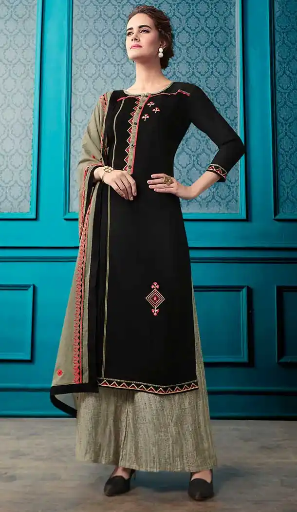 Black Flex Cotton Palazzo Suits Party Wear