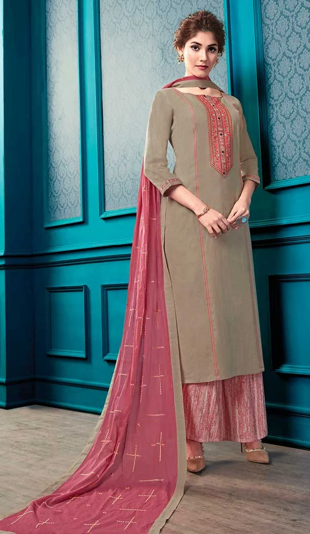 Beige Flex Cotton Palazzo Suits Pakistani
