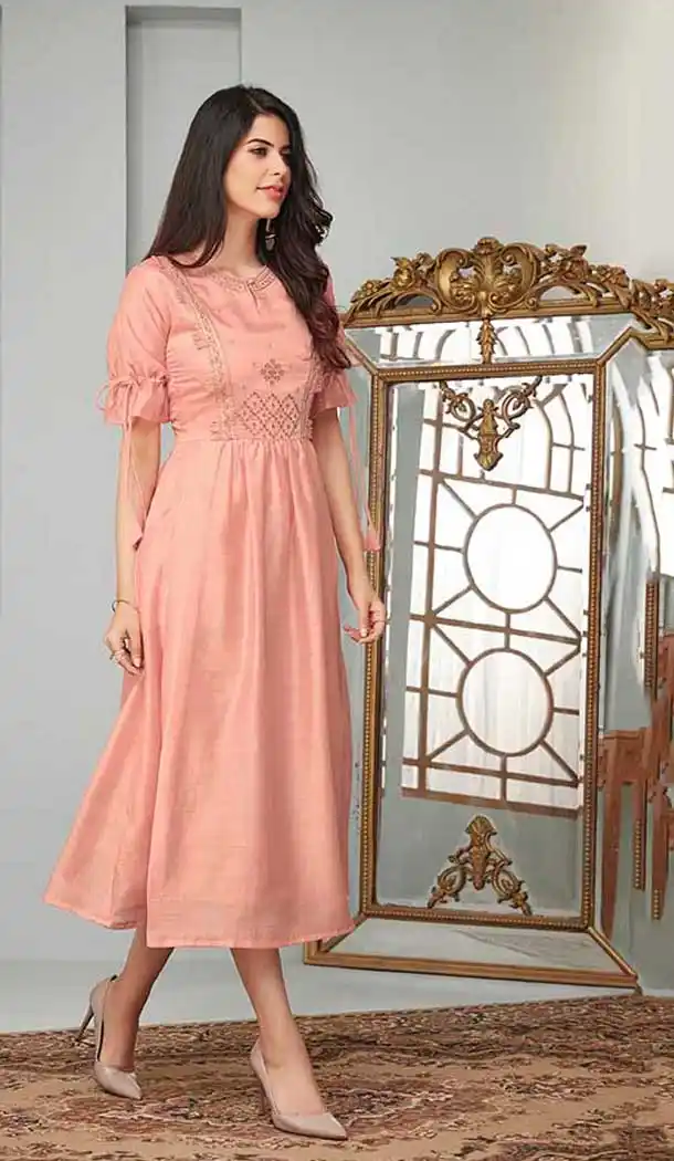 Peach Color Cotton Slub Readymade Long Kurtis Design