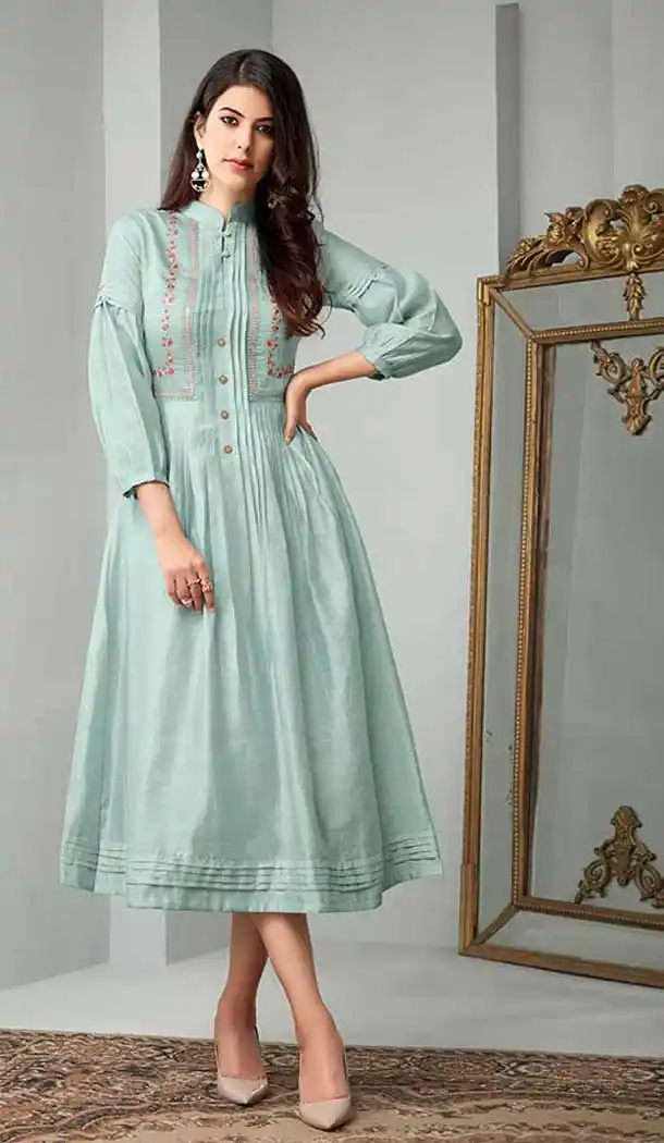 Baby Blue Color Cotton Slub Readymade Long Kurtis Patterns