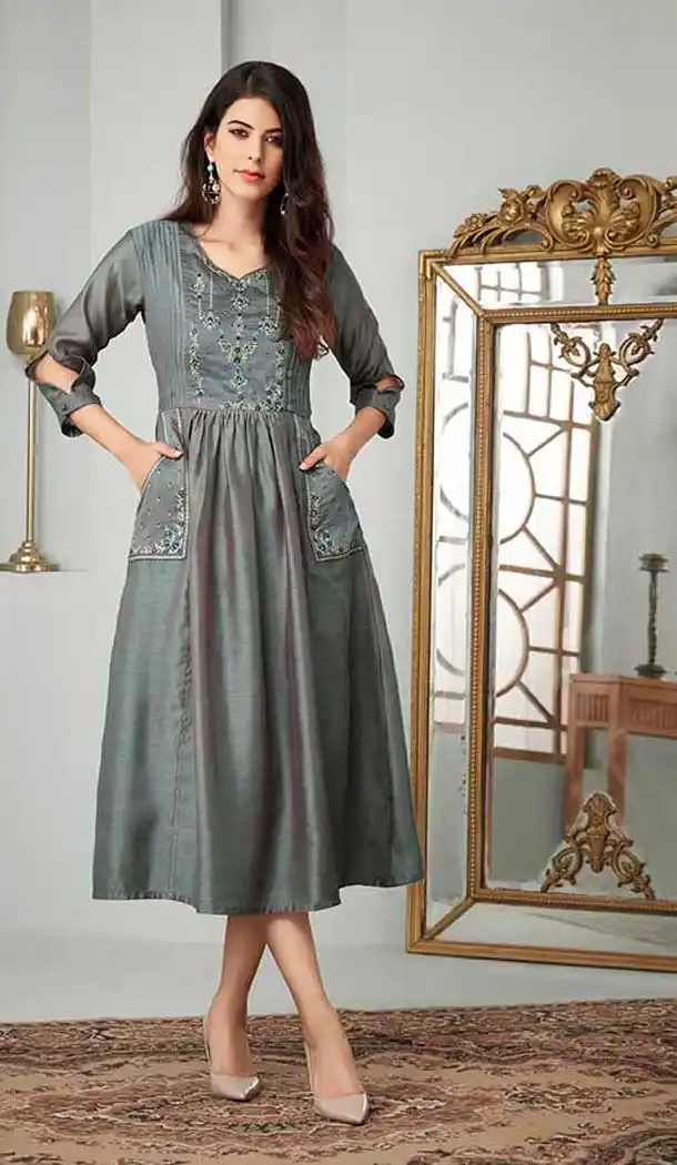 Dark Grey Color Cotton Slub Readymade Long Kurtis For Girls