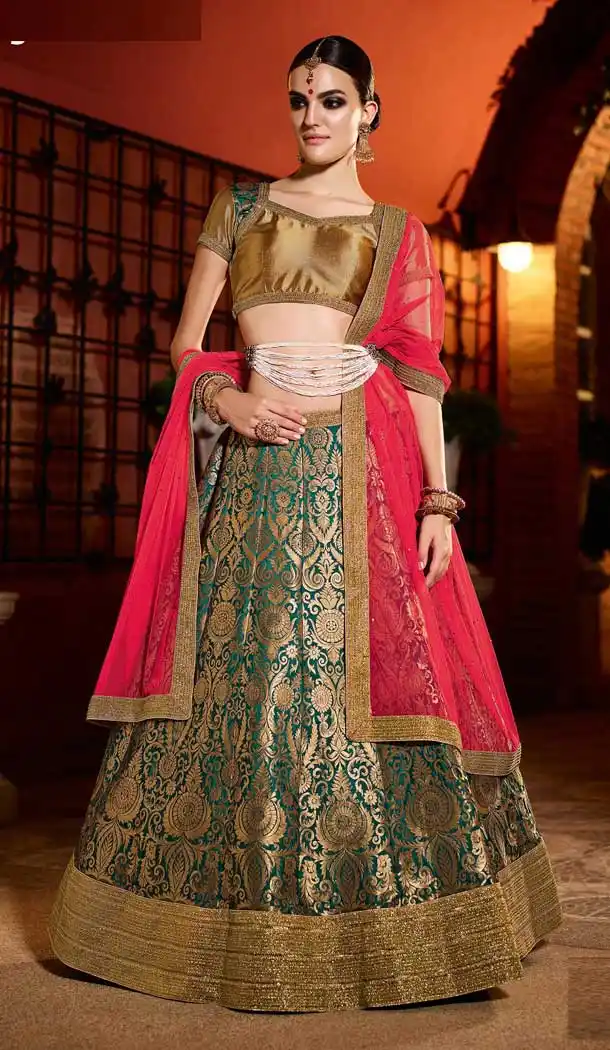 Green and Pink Color Banglori Silk Traditional Lehenga Choli Designs