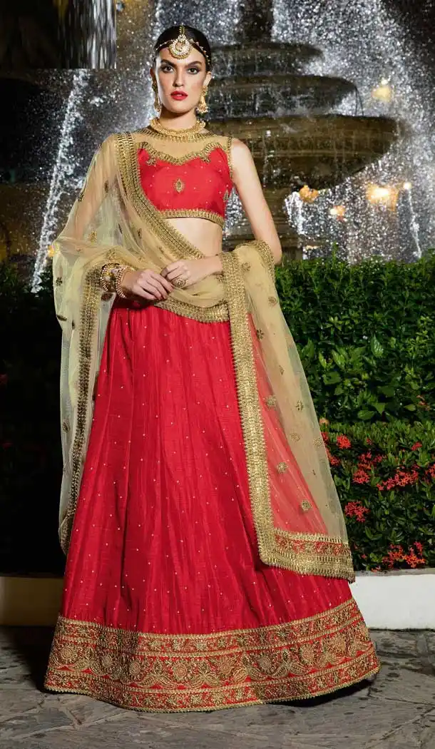 Beige And Red Color Banglori Silk Traditional Lehenga Choli Online