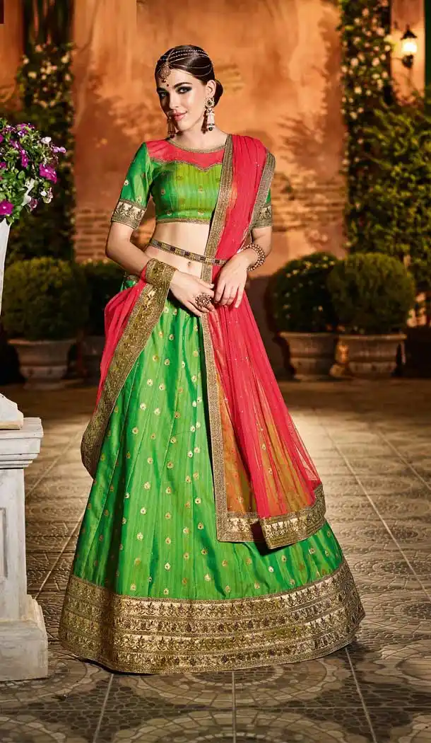 Green And Pink Color Banglori Silk Traditional Lehenga Choli Dupatta