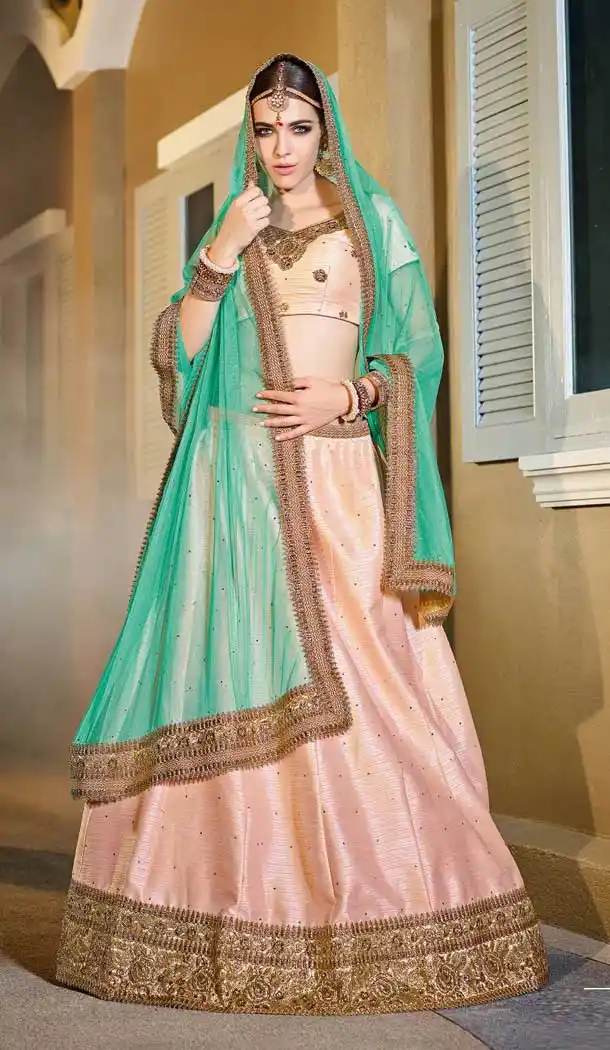 Sky Blue And Peach Color Banglori Silk Traditional Rajasthani Lehenga Choli