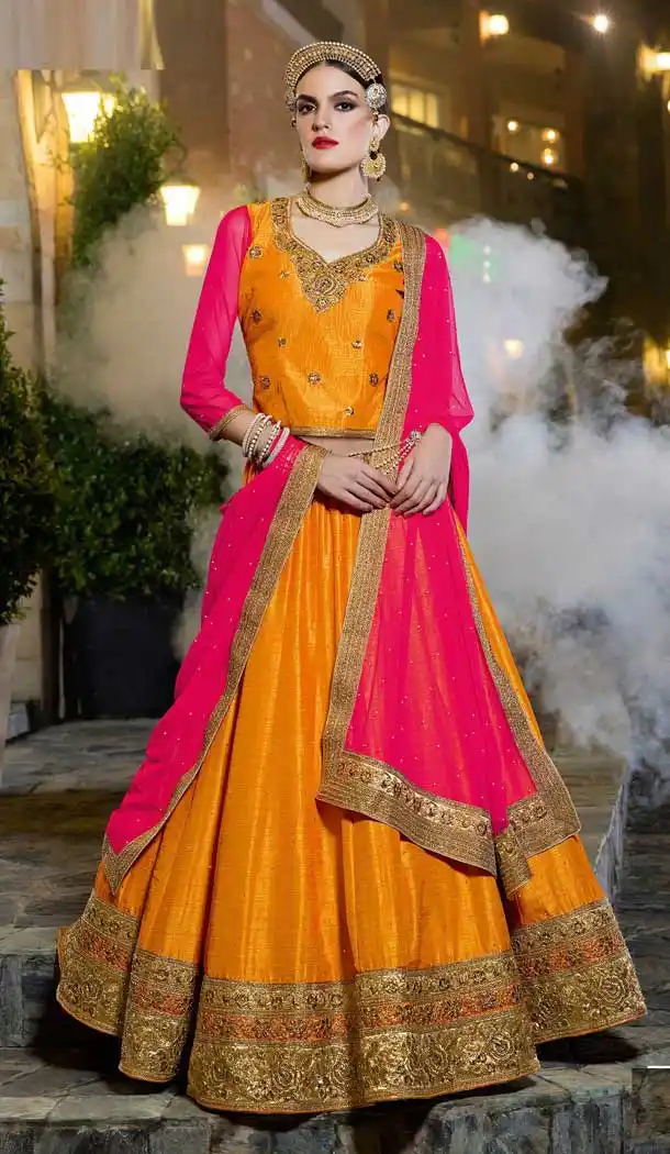 Orange And Pink Color Banglori Silk Traditional Gujarati Lehenga Choli