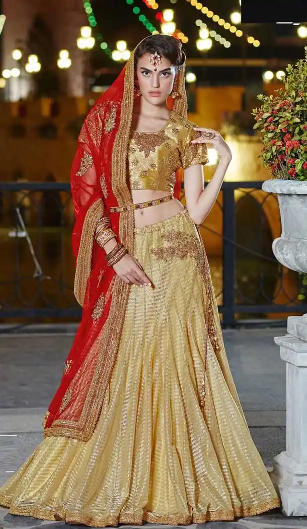 Beige And Red Color Silk Punjabi Traditional Lehenga Choli