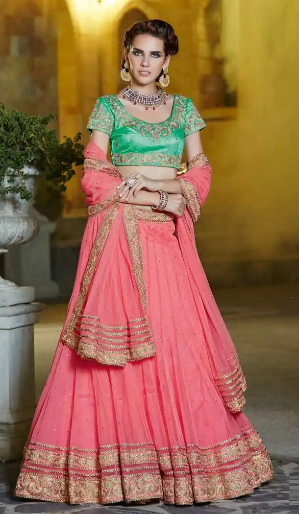 Rose Pink And Green Color Banglori Silk Traditional Jaipuri Lehenga Choli
