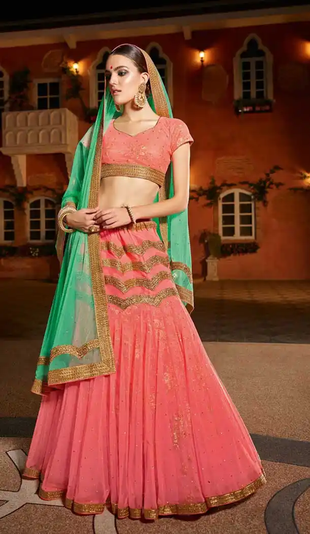 Rose Pink And Green Color Banglori Silk Gujrati Traditional Lehenga Choli