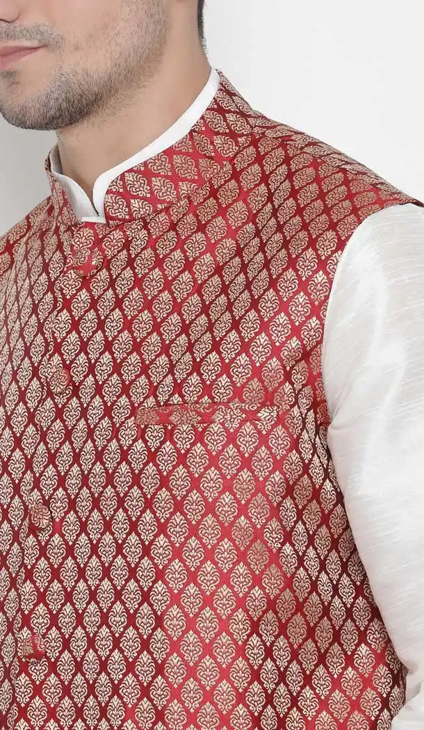 White Color Kurta Pajama With Jacket For Mens