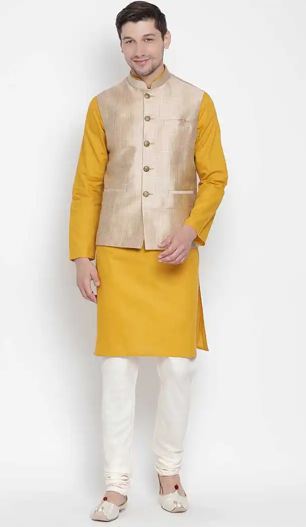 Kurta Pajama With Jacket In Mustard