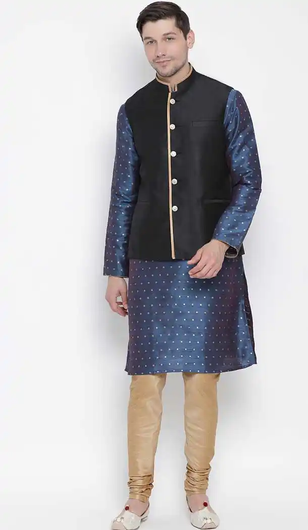 Sea Blue Kurta Pajama With Jacket For Wedding