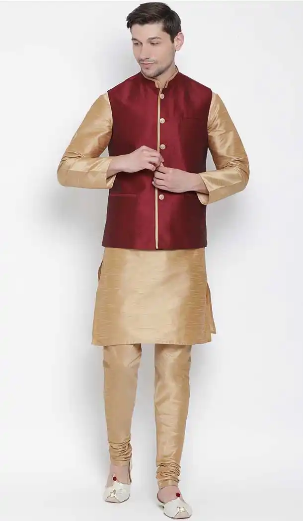 Rose Gold Party Wear Kurta Pajama With Nehru Jacket