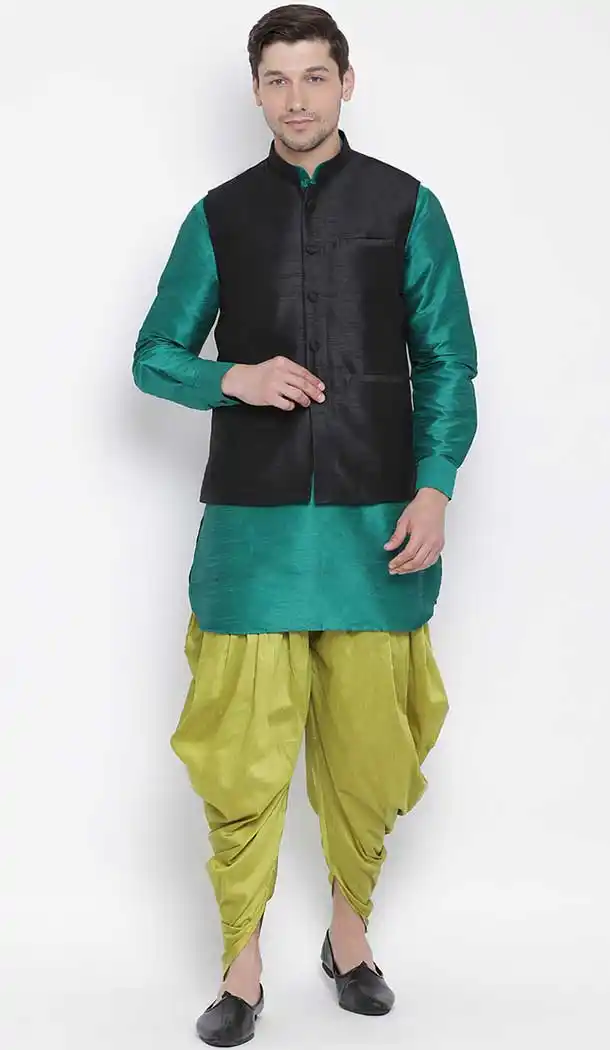 Green Dhoti Kurta With Jacket Party Wear
