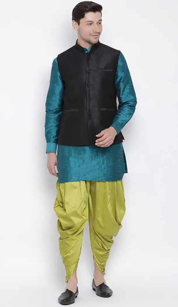 Turquoise Dhoti Kurta With Jacket Punjabi