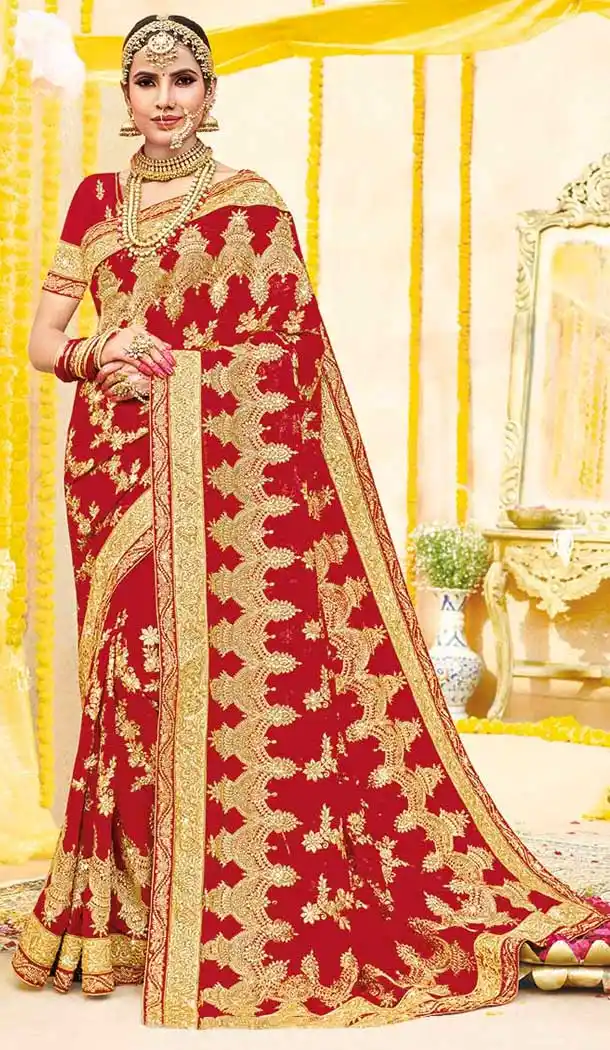 Red Designer Saree With Golden Border