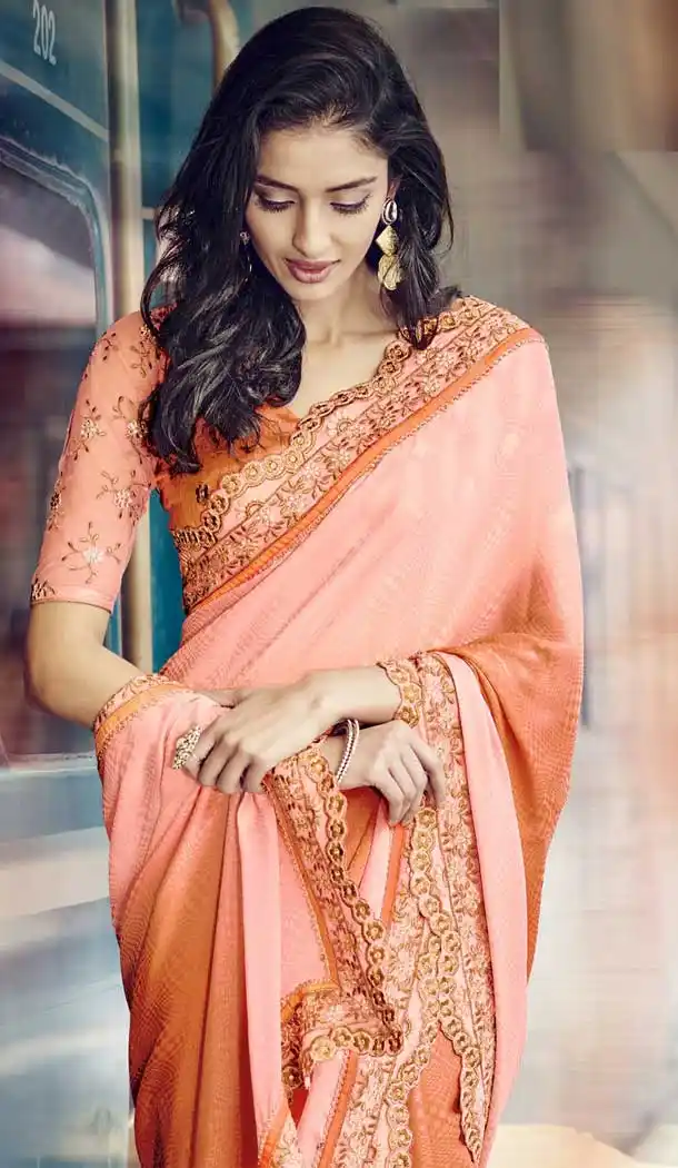 Peach Designer Sarees Online Shopping With Price For Wedding - 398059738