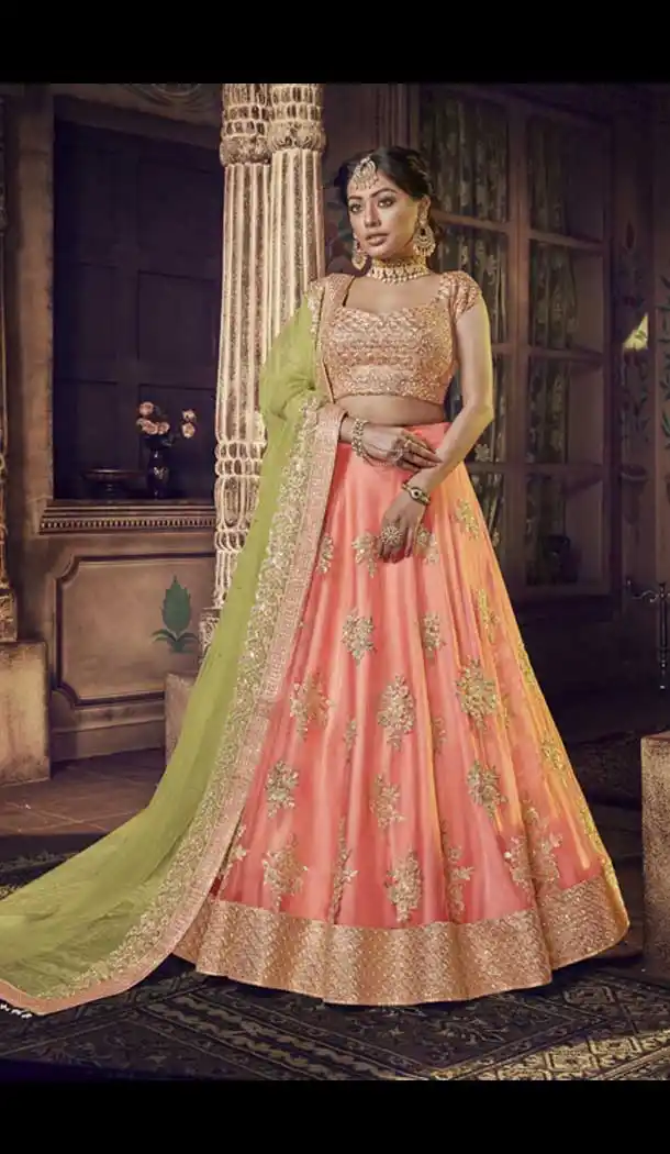 Peach Color Net Wedding Designer Lehenga Choli - 398359769