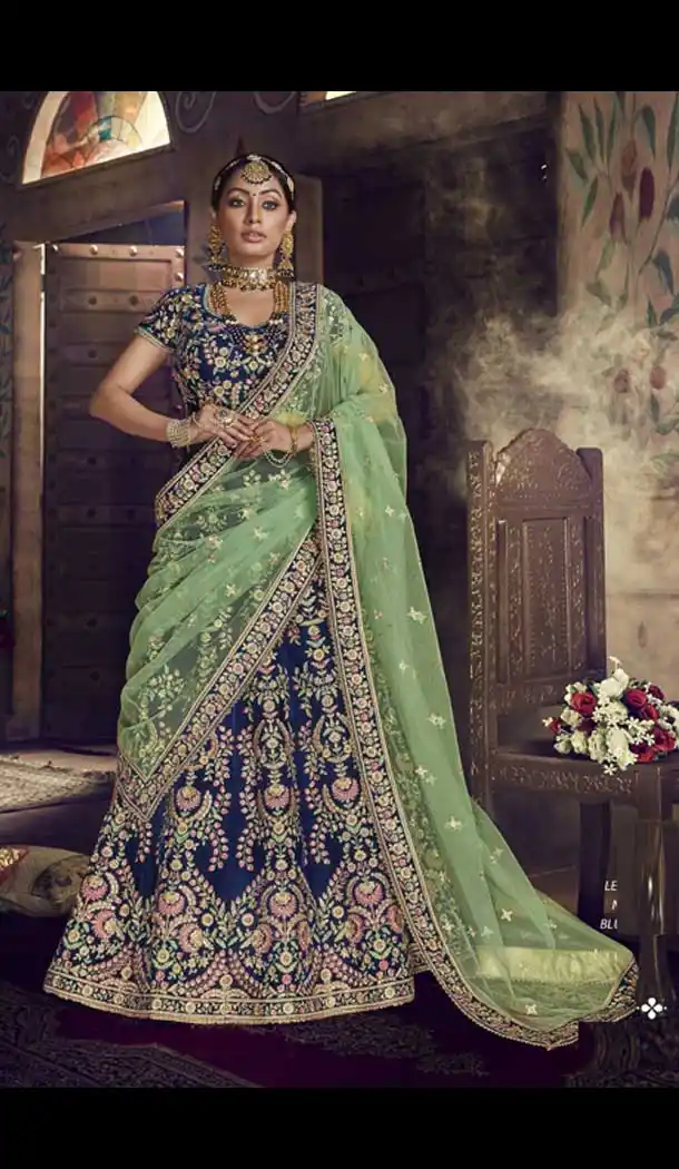 Blue Color Velvet Wedding Designer Lehenga Choli - 398359770