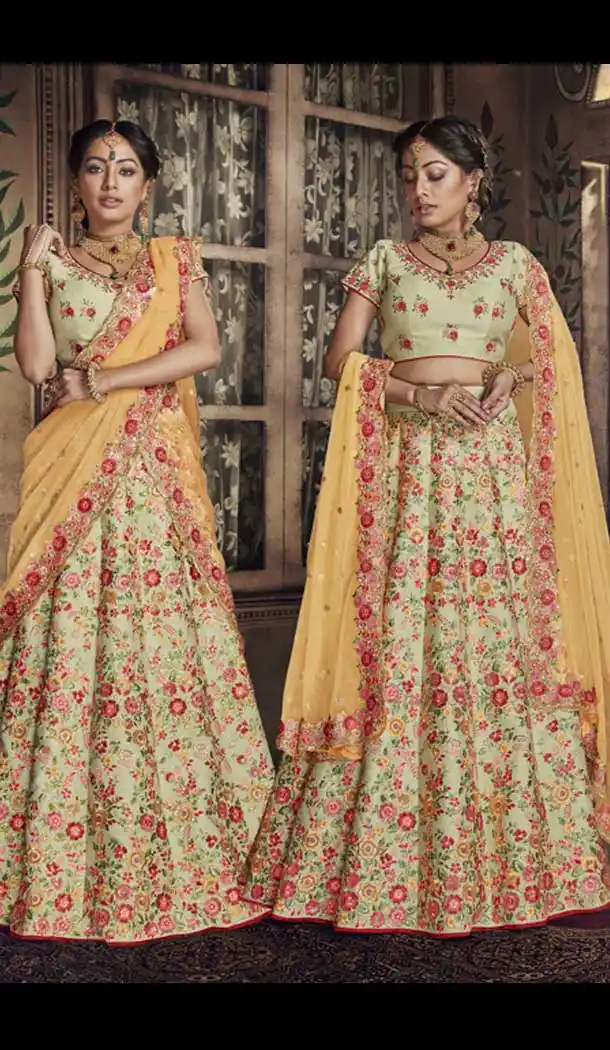 Mango Color Raw Silk Wedding Designer Lehenga Choli - 398359771