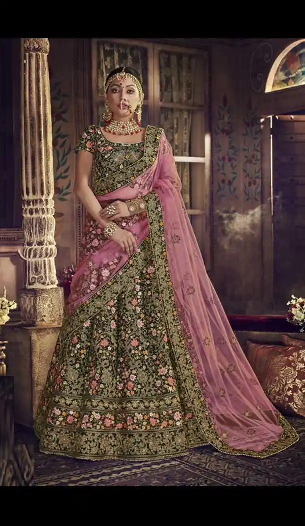 Green Color Velvet Wedding Designer Lehenga Choli - 398359776