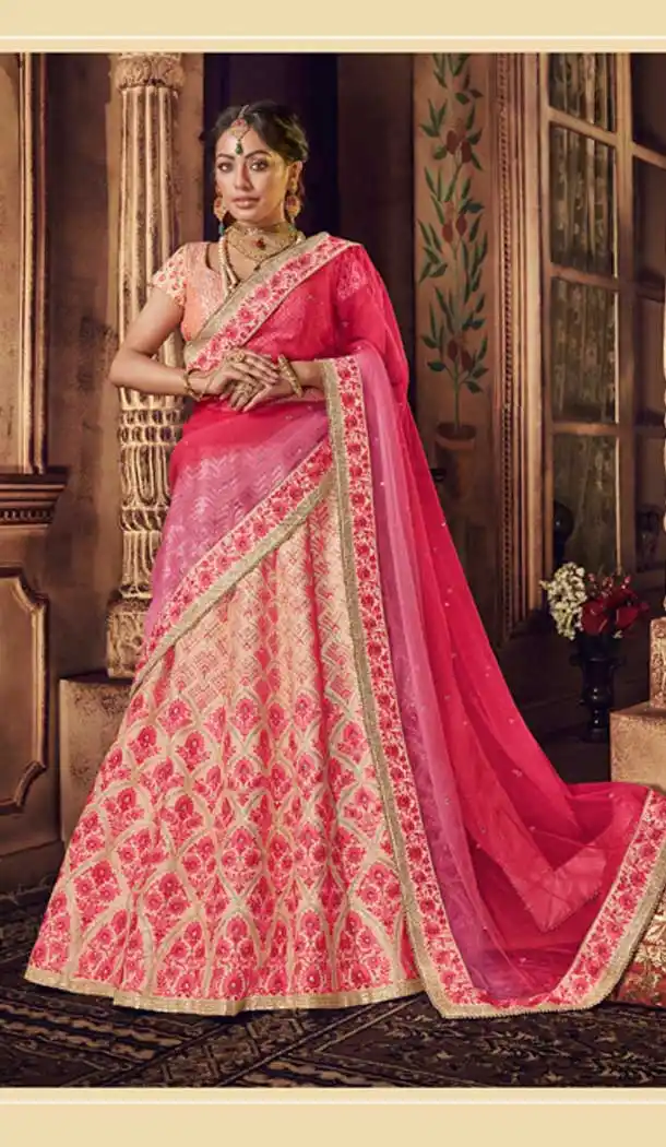 Pink Color Raw Silk Wedding Designer Lehenga Choli - 398359777