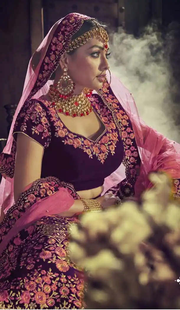 Pink and Wine Color Velvet Wedding Designer Lehenga Choli - 398359778