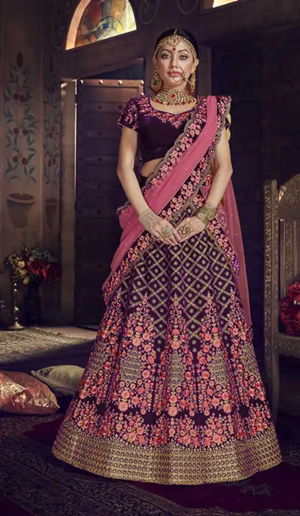 Pink and Wine Color Velvet Wedding Designer Lehenga Choli - 398359778