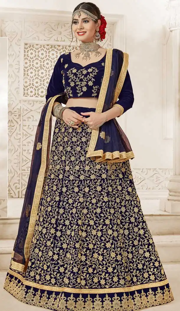 Navy Blue Color Velvet Traditional Wear Lehenga Choli - 549568596
