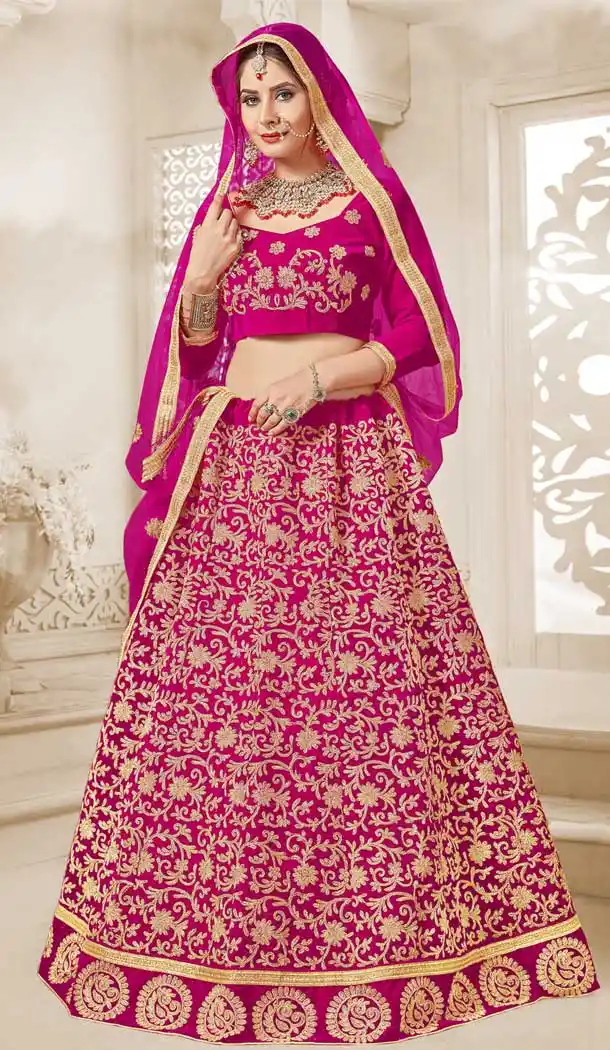 Pink Color Velvet Traditional Wear Lehenga Choli - 549568597