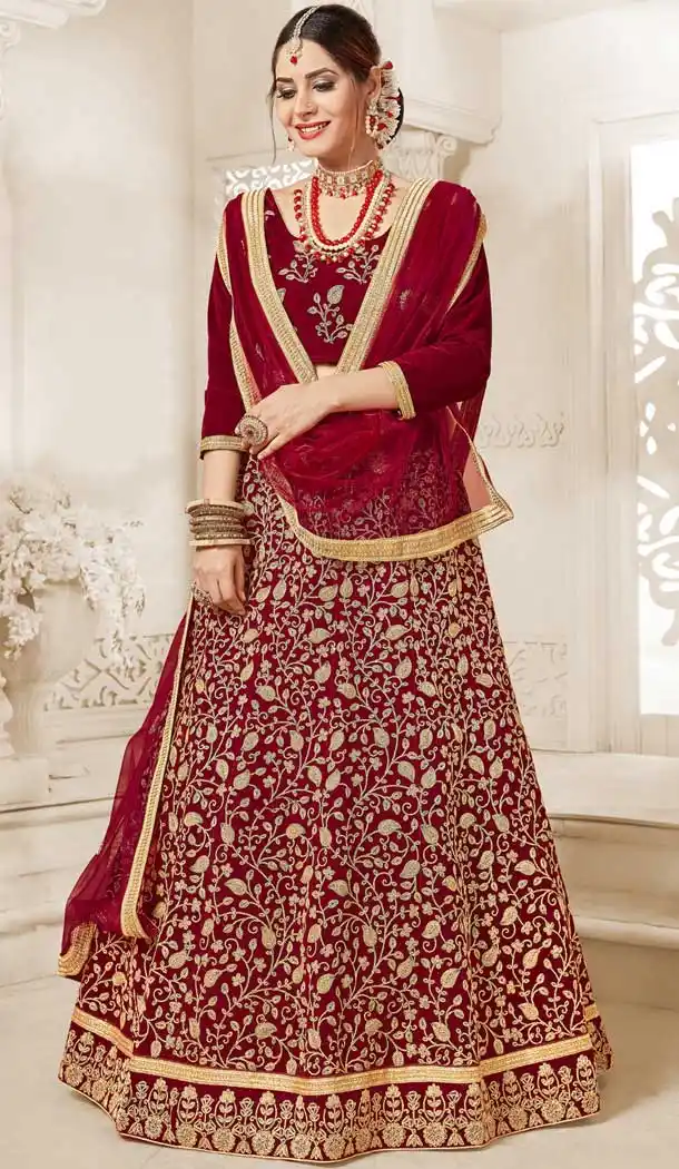 Divine Maroon Color Velvet Traditional Wear Lehenga Choli - 549568598