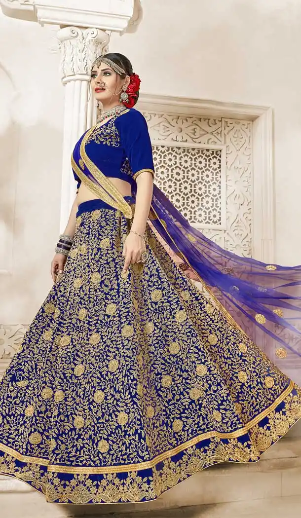 Fancy Royal Blue Color Velvet Traditional Wear Lehenga Choli - 549568599