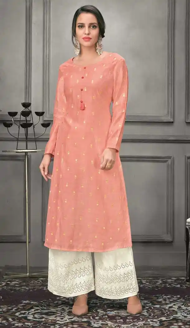 Enigmatic Peach Color Munga silk Ready Made Palazzo Salwar Suit - 555069159