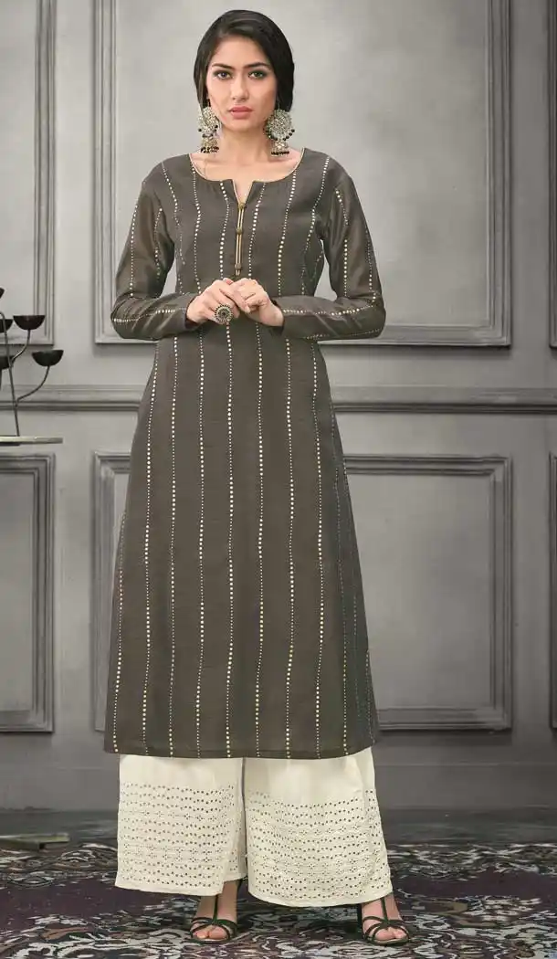 Ethnic Grey Color Munga silk Ready Made Palazzo Salwar Suit - 555069161