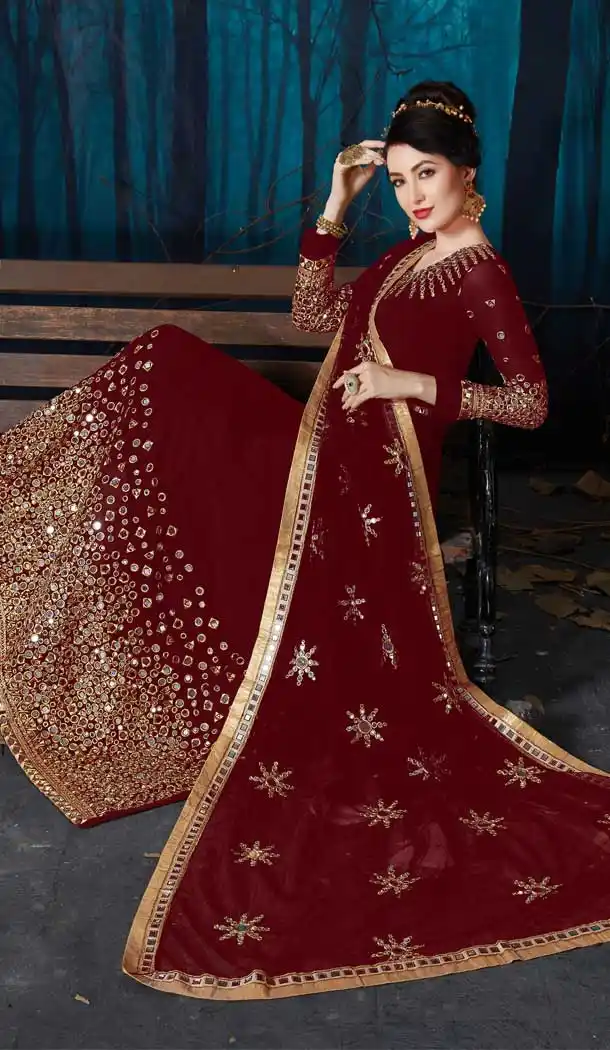 Gleaming Maroon Color Pure Faux Georgette Long Anarkali Salwar Kameez - 555369188
