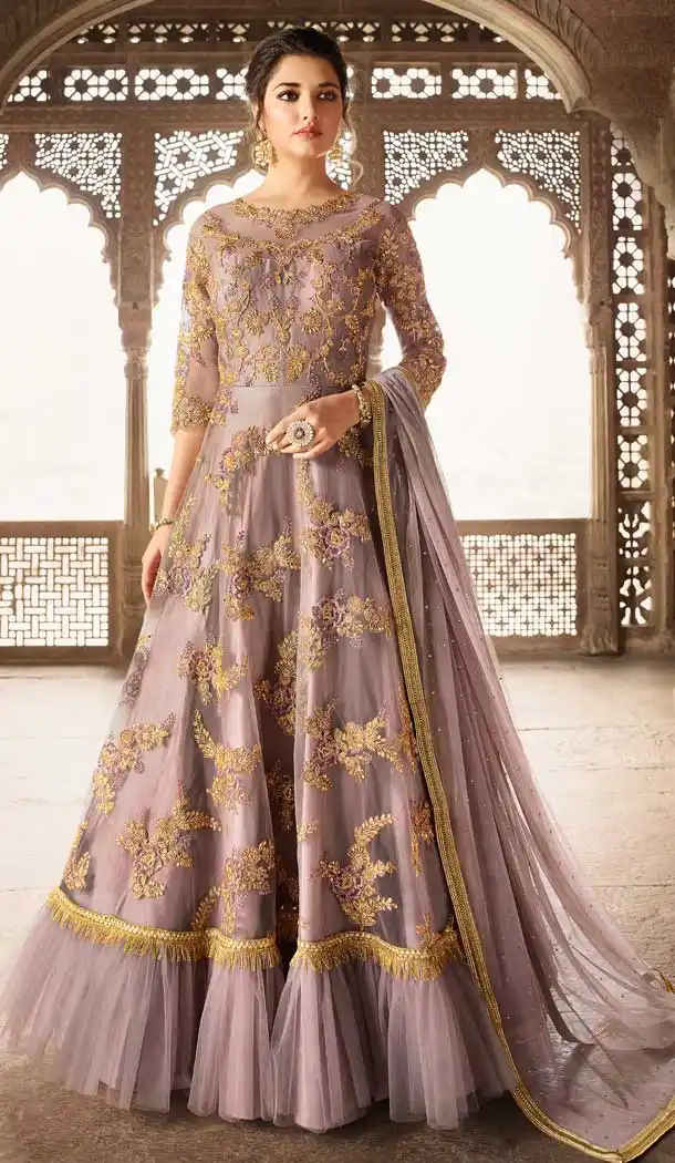 Lavender Color Net Designer Pakistani Abaya Style Long Salwar Kameez - 555469191