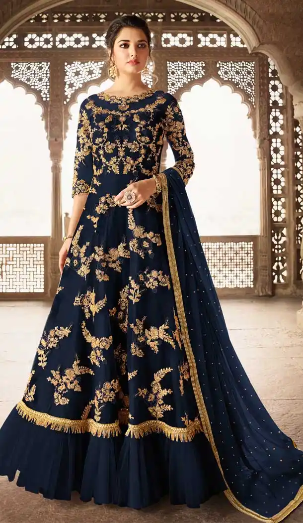 Dark Blue Color Net Designer Pakistani Abaya Style Long Salwar Kameez - 555469193
