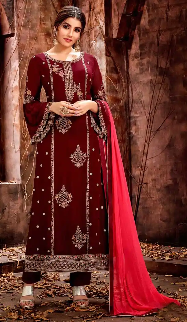 Luscious Maroon Color Georgette Evening Party Wear Salwar Kameez - 555869236