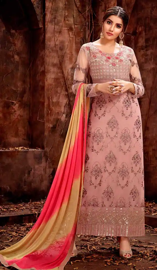 Flamboyant Peach Color Georgette Evening Party Wear Salwar Kameez - 555869238