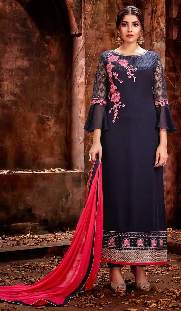 Adorable Dark Blue Color Georgette Evening Party Wear Salwar Kameez - 555869239