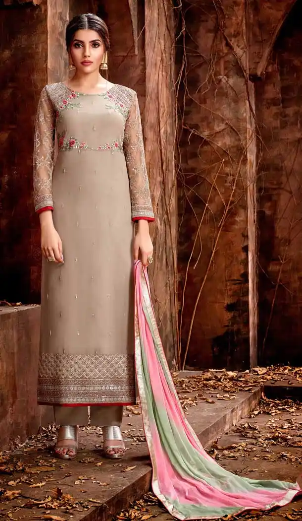Glamorous Beige Color Georgette Evening Party Wear Salwar Kameez - 555869241