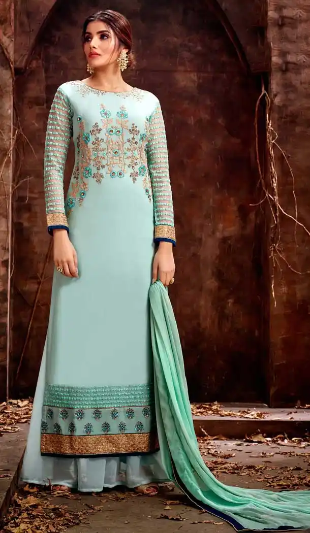 Sparkling Aqua Color Georgette Evening Party Wear Salwar Kameez - 555869242