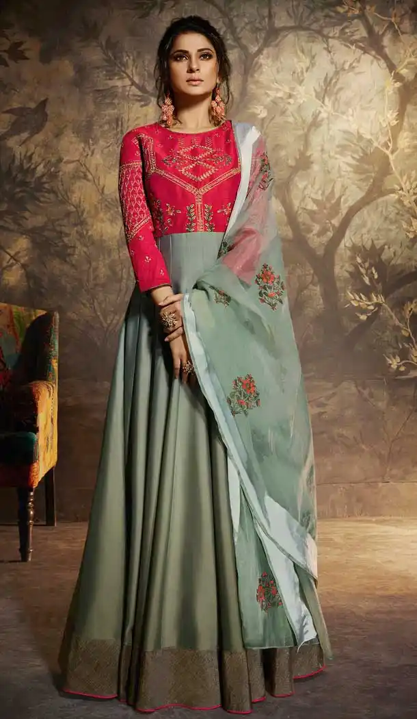 Pista And Pink Color Pure Organza Satin Party Wear Ready Made Gown - 556769390