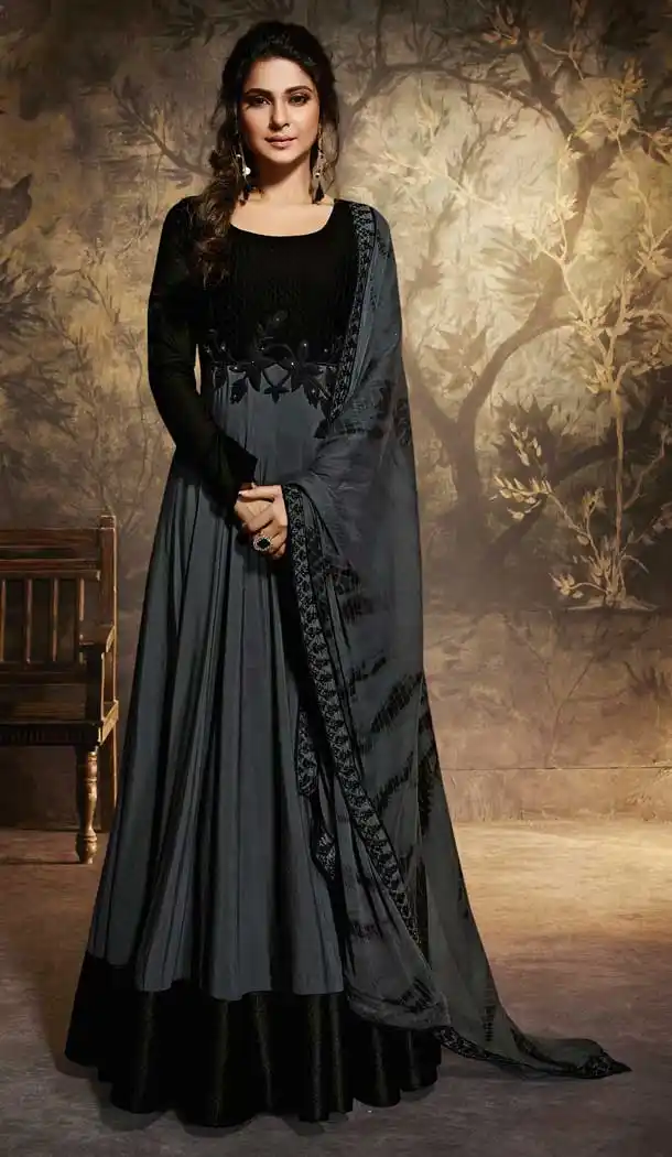 Grey And Black Color Pure Silk Chanderi Party Wear Ready Made Gown - 556769391