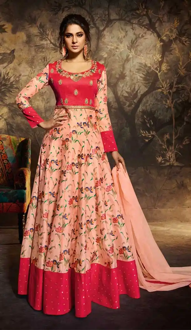 Peach And Pink Color Pure Silk Chanderi Party Wear Ready Made Gown - 556769392