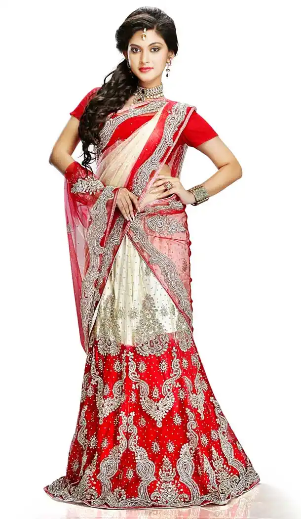 Cream And Red Net Designer Hand Made Wedding Lehenga Choli - 558169531