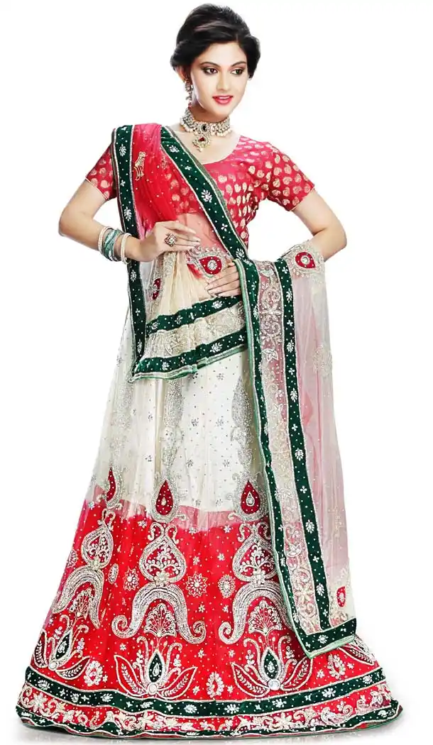 White And Red Color Net Designer Hand Made Wedding Lehenga Choli - 558169543
